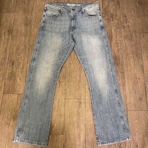 Wrangler Jeans Mens 34x32 Blue Retro Slim Fit Straight Cowboy Boot Western Denim